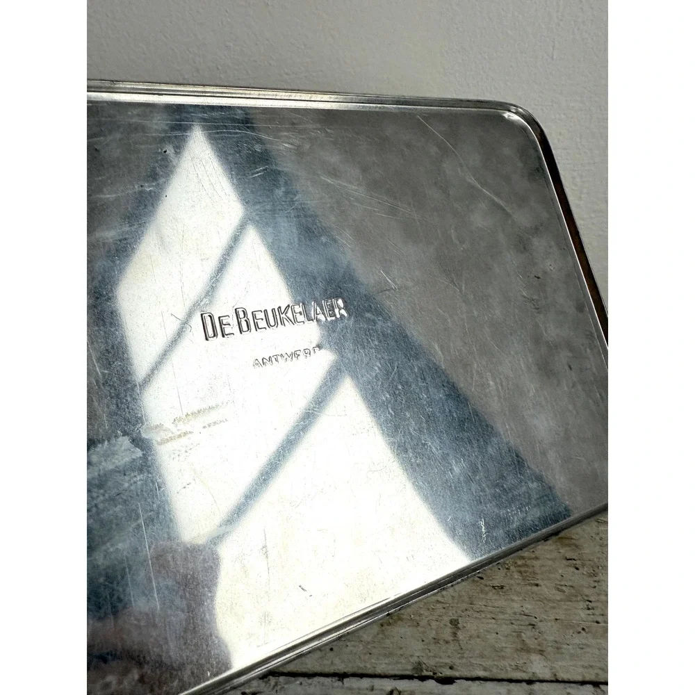 Vintage‎ Teniers 3D Embossed Belgium Tin – 1950s Silvertone Hinged Cookie Box